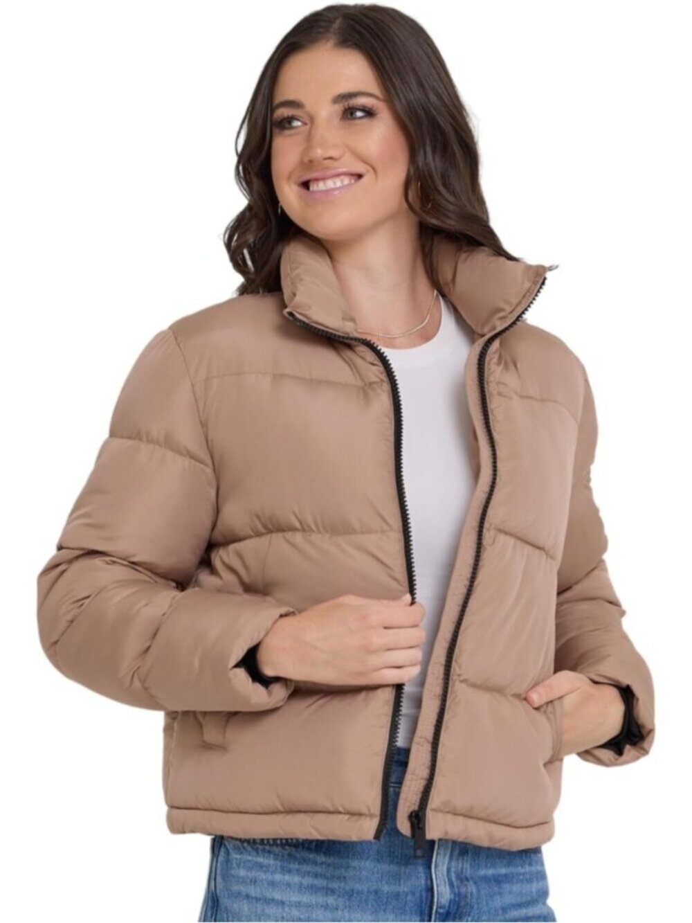 Women's Sand 100% Polyester Trendy Winter Warm Long Sleeve Cropped Puffer Jacket